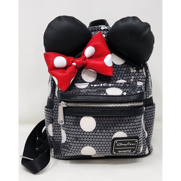 Loungefly Disney Parks Minnie Mouse Sequined Black Polka-Dot Backpack Mouse Ears - Picture 2 of 15